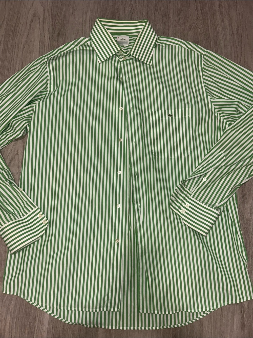 Lacoste Men's Green white Striped Long SleeveButton Up Dress Shirt Size 45 XL
